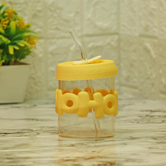 Hoho 450ml Printed Glass Coffee Mug with Lid & Straw – Leak-Proof Borosilicate Glass Tumbler (Yellow)