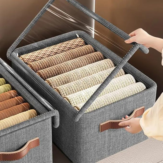 26L Foldable Clothes Organizer For Wardrobe, Blanket Storage Box, Cloth and Dress Organiser Metal Frame Basket Bag with Zipper & Lid, Carry Handles for Bedding, Closet Organizers