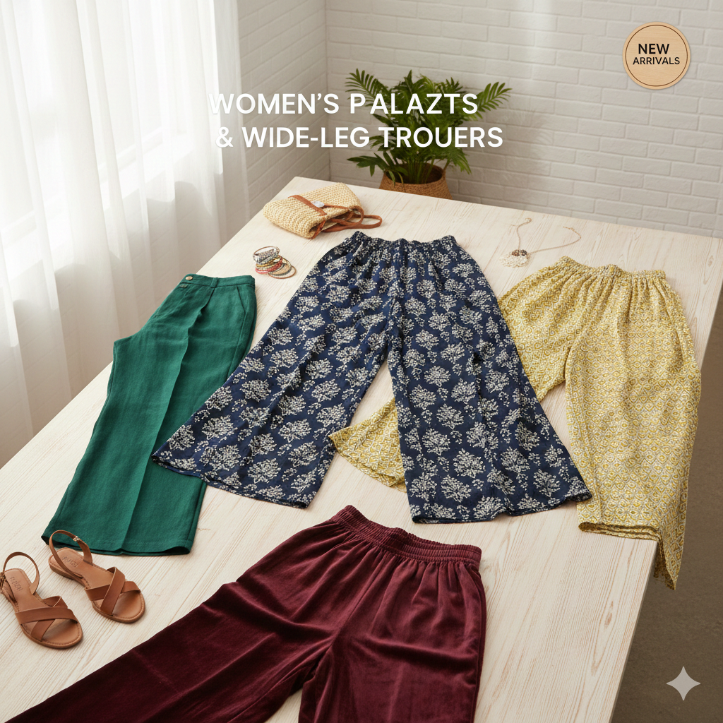 Trendy women's wide-leg palazzo pants and ethnic flared bottoms collection.