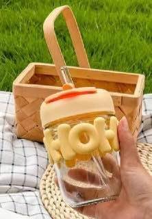 Hoho 450ml Printed Glass Coffee Mug with Lid & Straw – Leak-Proof Borosilicate Glass Tumbler (Yellow)