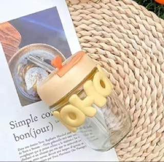Hoho 450ml Printed Glass Coffee Mug with Lid & Straw – Leak-Proof Borosilicate Glass Tumbler (Yellow)