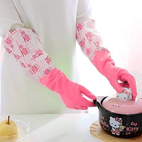 Reusable Rubber Latex Pvc Flock Lined Long Elbow Hand Gloves Safety Kitchen For Dish-Washing, Cleaning, Gardening, Laundry And Sanitation And Lab Work (Pack of 1 Pair Pink)