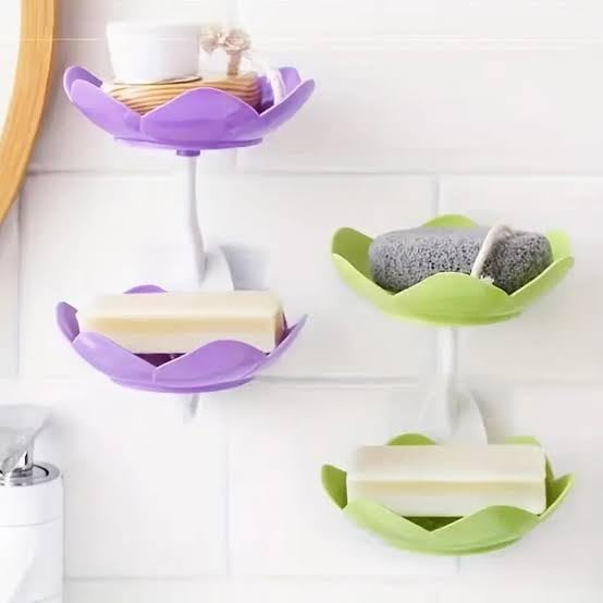 Lotus Flower Shape Soap Holder | Double Layer Drainable Soap Dish | Wall Mounted & Reusable | Adhesive Sticker Included | No-Soggy Soap Solution for Bathroom & Kitchen (Multi-2 pcs)