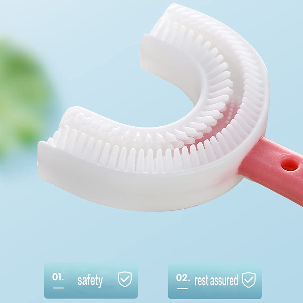Toothbrush for Kids with U Shaped Silicone Brush Head for 360 Degree Cleaning Suitable For 2-6 Years, Manual, Heart Design, Multicolor, Pack of 2