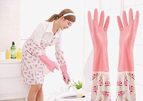 Reusable Rubber Latex Pvc Flock Lined Long Elbow Hand Gloves Safety Kitchen For Dish-Washing, Cleaning, Gardening, Laundry And Sanitation And Lab Work (Pack of 1 Pair Pink)