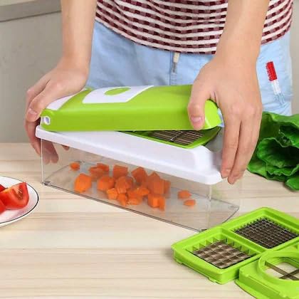 12 in 1 Multipurpose Chopper, Fruits & Vegetable Cutters, Grater Peeler Chipser, Unbreakable Food Grade Body, Easy Push to Clean Button Slicer Dicer, Chopper for Kitchen (Green, Plastic)