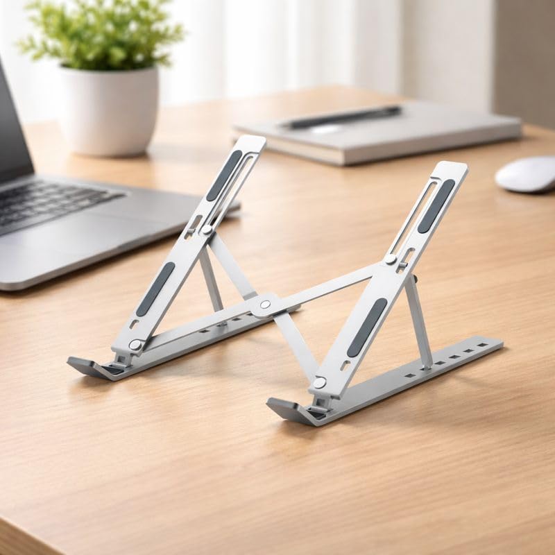 Laptop Tabletop Stand, Fold-Up, Adjustable, Ventilated, Portable Holder For Desk, Aluminum Foldable Laptop Ergonomic Compatibility With Up To 15.6-Inch Laptop, All Mac, Tab, And Mobile (Silver)
