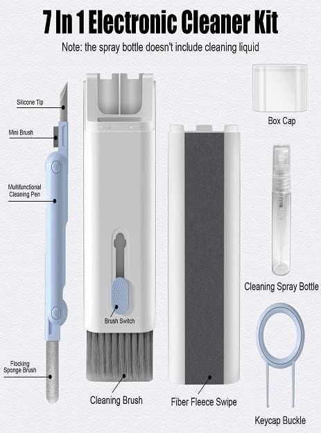 7 in 1 Electronic Cleaner kit | Cleaning Kit for iPad | iPhone | Airpods | Monitor Screen | Keyboard | Dust Brush Including Soft Sweep | Swipe | Airpod Cleaner Pen | Key Puller and Spray Bottle