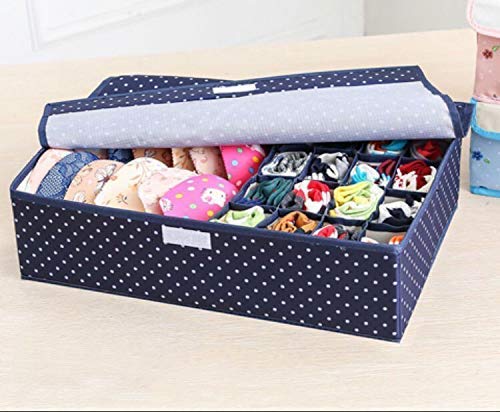 Innerwear Organizer 16+1 Compartment Non-Smell Non Woven Foldable Fabric Storage Box For Closet (Blue Polka Dot),Clothing