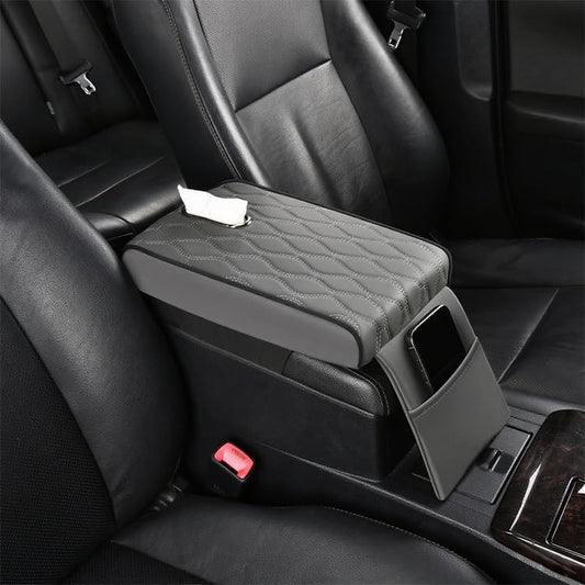 Car Armrest Cushion with Tissue Holder, Memory Foam Console Pad, PU Leather Cover, Universal Fit Arm Rest Support for Car SUV Truck, Comfortable Elbow Rest Organizer (Black)