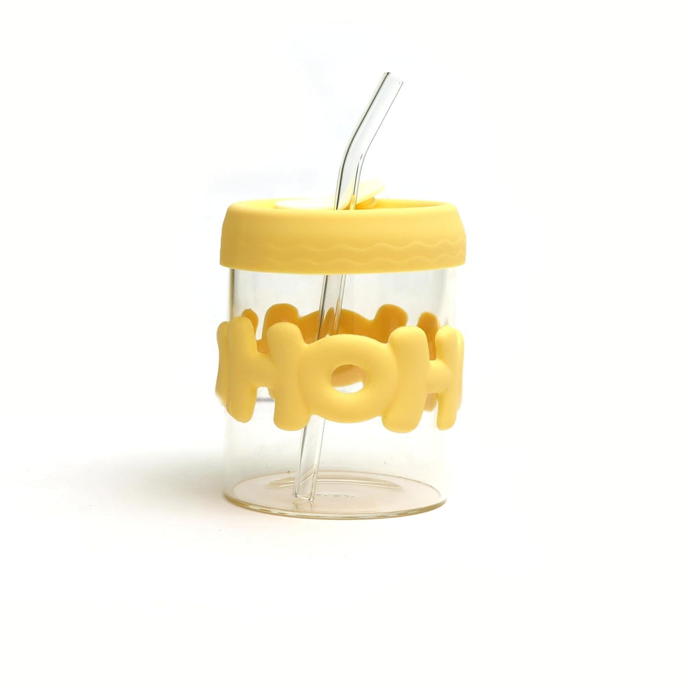 Hoho 450ml Printed Glass Coffee Mug with Lid & Straw – Leak-Proof Borosilicate Glass Tumbler (Yellow)