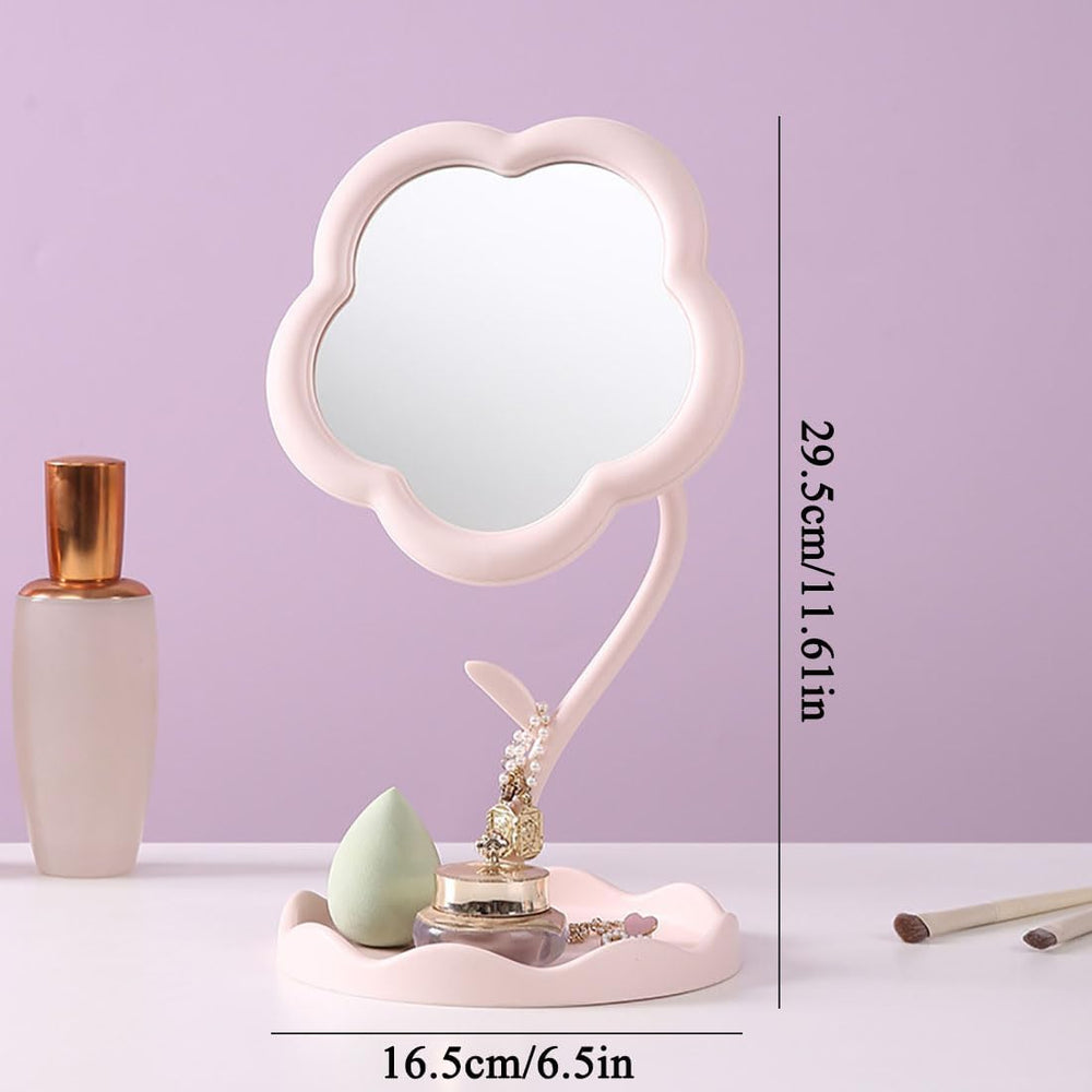 Flower Shape Makeup Mirror with Storage Tray, Tabletop Vanity Mirror for Dressing Table, Cosmetic Organizer Stand, Pink