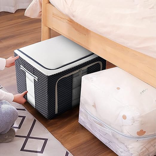 Foldable 66L Cloth Storage Bags Organizer Container | Foldable Metal Frame Basket with Clear Window, Carry Handles & Sturdy Zipper for Closet, Bedding Bag (Alloy Steel;Metal)