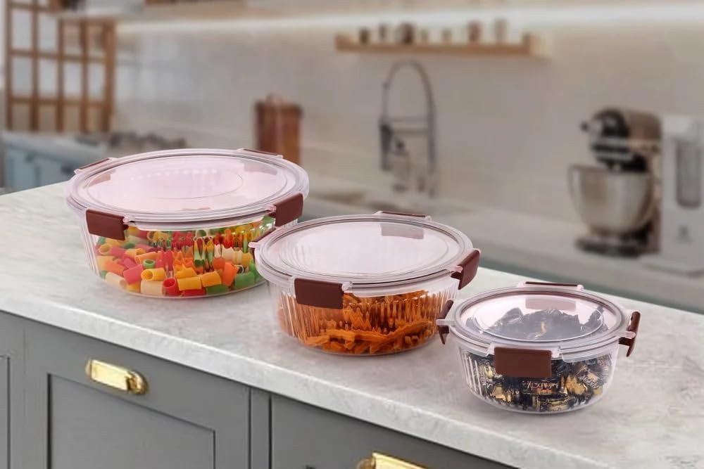 3 Pcs Fridge Storage Container - BPA Free Plastic Kitchen Storage Box for Grains, Dry Fruits, Snacks, Vegetables, Airtight Fresh Keeper Containers Set (700ml, 1200ml, 1800ml)
