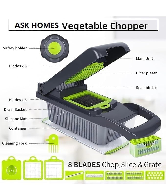 14-in-1 Food Chopper & Vegetable Cutter | Manual Slicer & Dicer with 8 Interchangeable Blades | Onion Chopper with Storage Container | Multipurpose Fruit & Vegetable Chopper