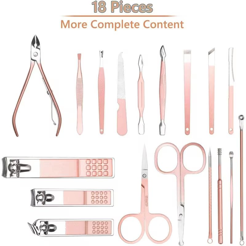 18 in 1 Stainless Steel Manicure Set Professional Nail Care Grooming Kit for Men and Women with Nail Clipper Pedicure Tool Eyebrow Ear and Facial Tools in Portable Travel PU Leather Case