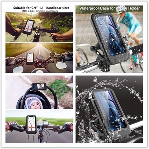 Waterproof Bike Mobile Phone Holder for Handlebar, 360° Rotatable Touch Screen Phone Mount, IPX6 Rainproof Case for 4.7–7.2 Inch Smartphones, Universal Motorcycle & Bicycle Mobile Stand (Black)