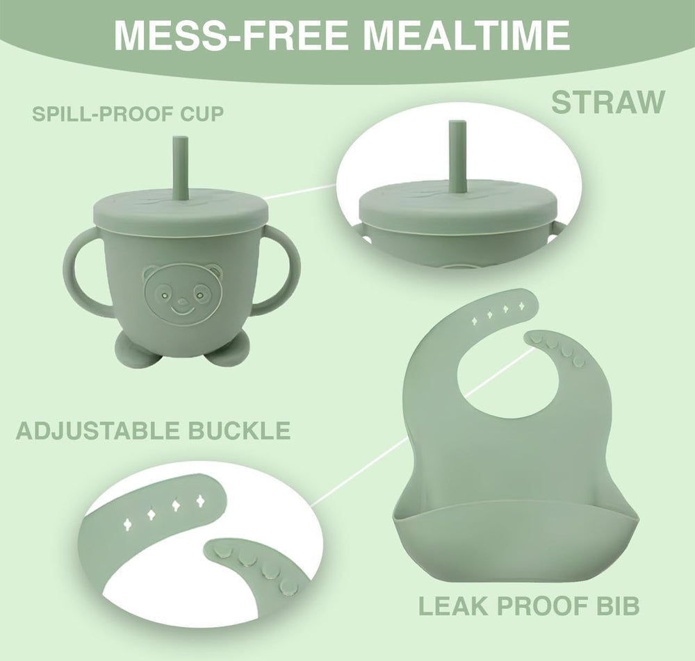 6PCS Silicone Baby Feeding Set – Suction Plate, Bowl, Bib, Spoon, Fork & Cup – BPA-Free, Microwave & Dishwasher Safe – Soft & Safe for Babies 6 Months+ (Green)