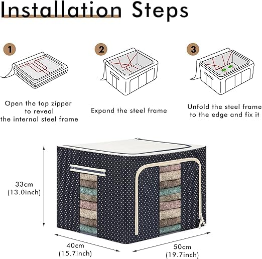 Foldable 66L Cloth Storage Bags Organizer Container | Foldable Metal Frame Basket with Clear Window, Carry Handles & Sturdy Zipper for Closet, Bedding Bag (Alloy Steel;Metal)