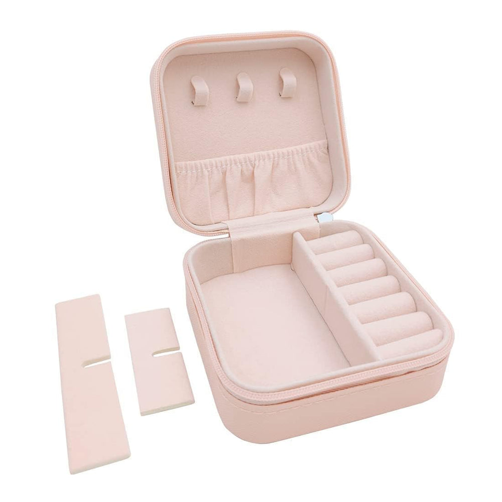 Mini Jewellery Travel Case, PU Leather Organizer Box, Small Portable Jewellery Storage Holder for Womens Rings Earrings Necklaces (Peach-PU Leather Box) (Peach)