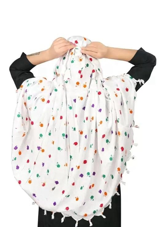 Cotton Long Scarf Cum Mask scarves Usable for vehicle Driver | White Printed Design | Universal Size | For Girl & Women | Breathable Sun Protection Light Weight