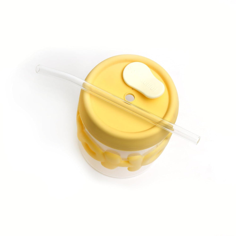 Hoho 450ml Printed Glass Coffee Mug with Lid & Straw – Leak-Proof Borosilicate Glass Tumbler (Yellow)
