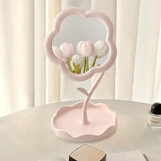 Flower Shape Makeup Mirror with Storage Tray, Tabletop Vanity Mirror for Dressing Table, Cosmetic Organizer Stand, Pink