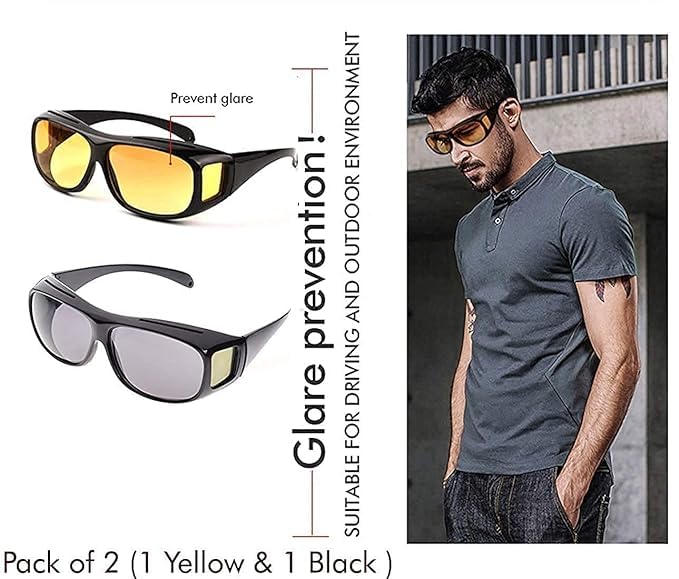 HD Vision Day & Night Unisex Goggles Anti-Glare Polarized Sunglasses Men/Women Driving Glasses UV Protection All Bikes&Car-Pack of 2 Goggles (Yellow/Black)