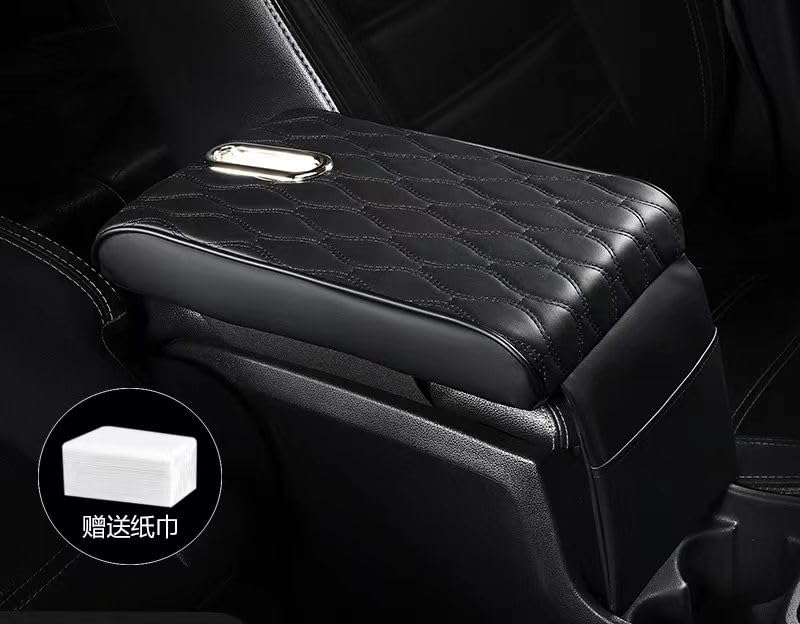 Car Armrest Cushion with Tissue Holder, Memory Foam Console Pad, PU Leather Cover, Universal Fit Arm Rest Support for Car SUV Truck, Comfortable Elbow Rest Organizer (Black)