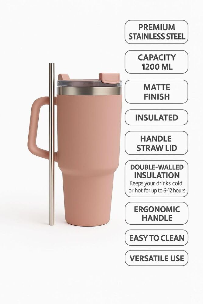 Stainless Steel Tumbler with Straw & Handle | Double Wall Insulated Travel Cup | Leak Proof Lid | Hot & Cold Beverage Mug for Home, Office & Car (Pink)