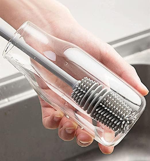 Long Handle Silicone Bottle Cleaner Brush for Washing Water Bottle, Solution Bottle, Mug. Cleaning Brush (Pack of 1) (Color - Grey)