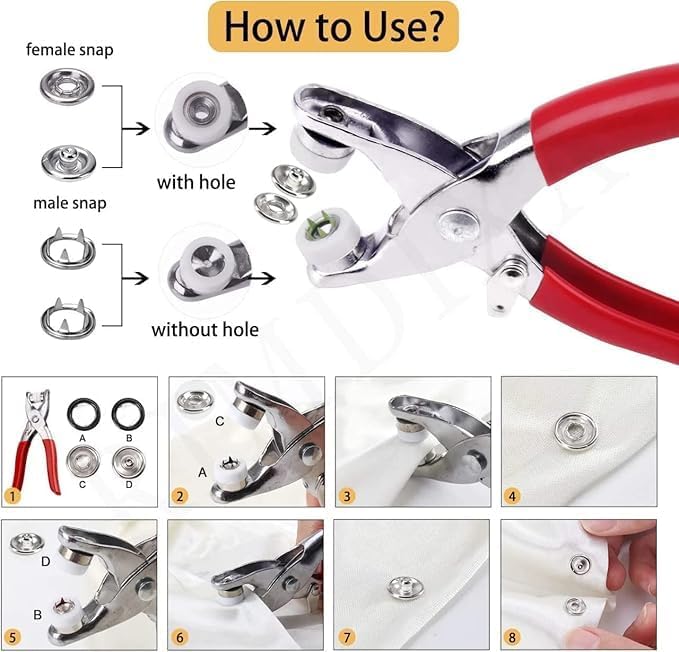 Premium Snap Button Fastener Kit with Pliers Tool (100 Sets) – Metal Press Stud Buttons for Clothes, Leather, Bags, DIY Craft – Stainless Steel Snap Kit with Storage Box (Pack of 1)