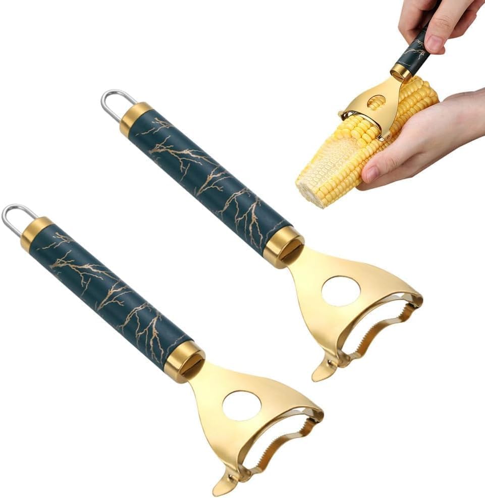 Gold Corn Peeler | Stainless Steel Corn Kernel Remover |Makai Quick & Easy Handheld Corn Cutter | Durable & Sharp Cob Stripper | Kitchen Essential for Effortless Corn Peeling