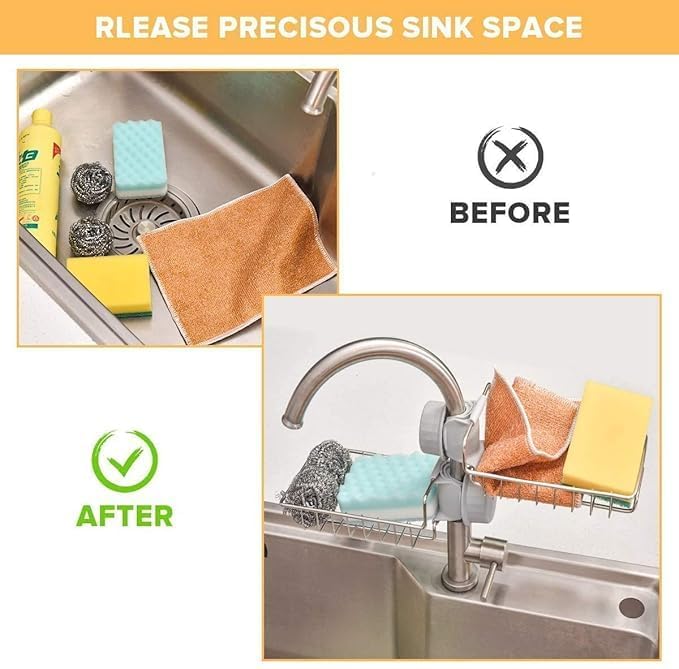 Stainless Steel Adjusting Multifunctional Over Kitchen Sink Caddy Clamp Faucet Sponge Scrubber Holder Storage Hanging Shelf Draining Bathroom Tap Shampoo Soap Organizer Rack (Pack of 1)