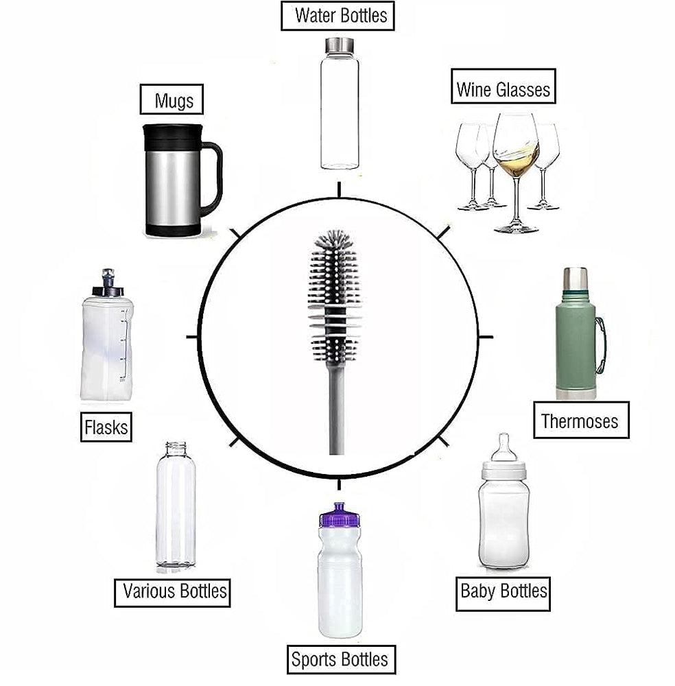 Long Handle Silicone Bottle Cleaner Brush for Washing Water Bottle, Solution Bottle, Mug. Cleaning Brush (Pack of 1) (Color - Grey)