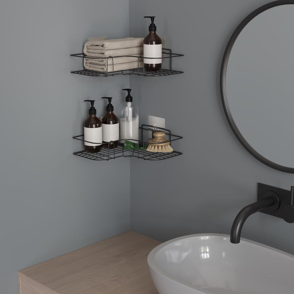 Wall Mounted Self-Adhesive Bathroom Corner Shelf/Kitchen Rack & Holder/Storage Organizer Rack - Bathroom Accessories (Material-GI Metal, Powder Coated Finish, Black, Pack of 1)