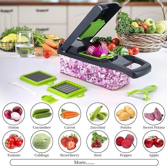 14-in-1 Food Chopper & Vegetable Cutter | Manual Slicer & Dicer with 8 Interchangeable Blades | Onion Chopper with Storage Container | Multipurpose Fruit & Vegetable Chopper