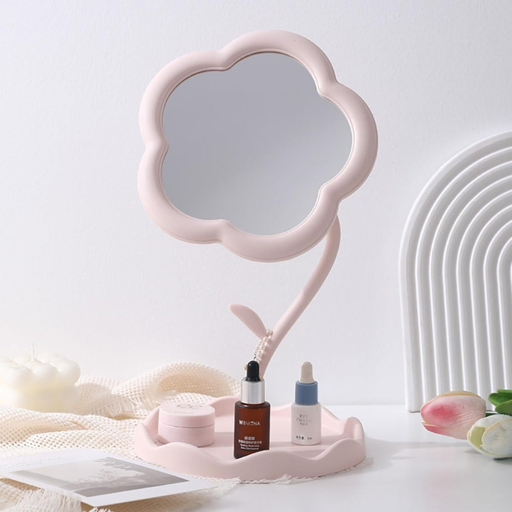 Flower Shape Makeup Mirror with Storage Tray, Tabletop Vanity Mirror for Dressing Table, Cosmetic Organizer Stand, Pink