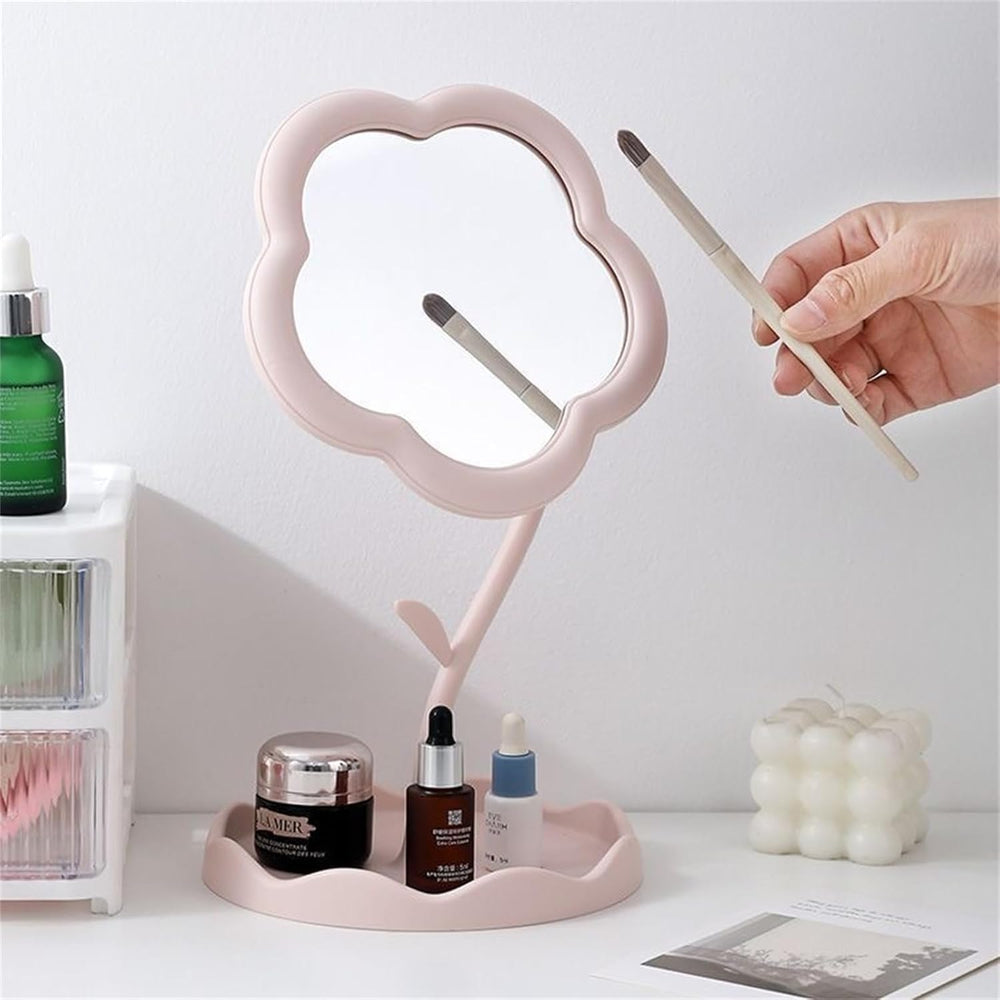 Flower Shape Makeup Mirror with Storage Tray, Tabletop Vanity Mirror for Dressing Table, Cosmetic Organizer Stand, Pink