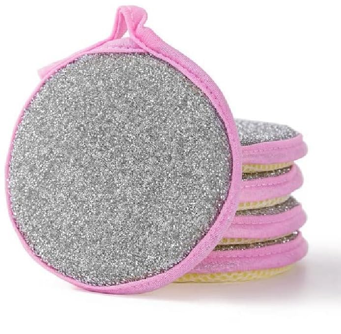 Non-Scratch Steel Wire Dish Scrubber with Soft Sponge, Double-Sided Round Cleaning Pad for Utensils, Plates, Pots, Kitchen Sink & Cookware (Pack of 5)