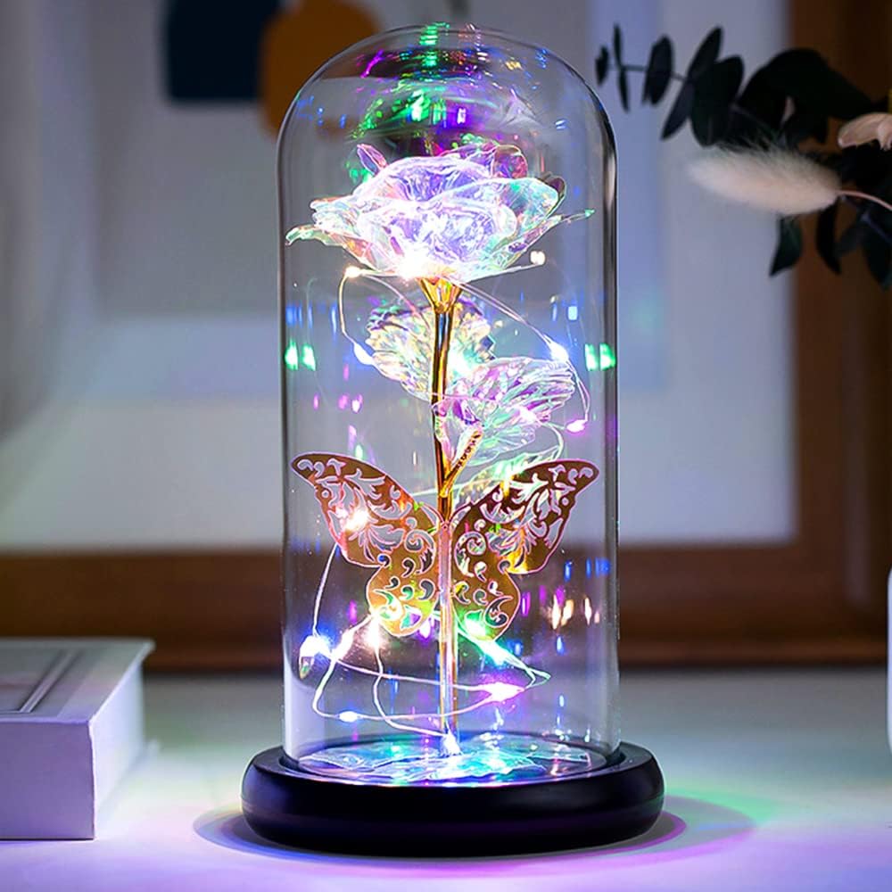 Forever Rose, Galaxy Glass Rose Flower and Butterfly with Led Light Great Gift Ideas for Valentine's Day, Mother's Day, Birthday, Anniversary, Engagement