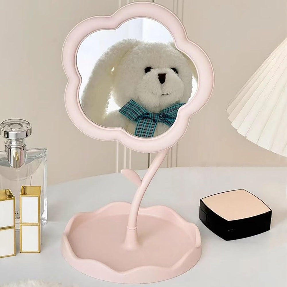 Flower Shape Makeup Mirror with Storage Tray, Tabletop Vanity Mirror for Dressing Table, Cosmetic Organizer Stand, Pink