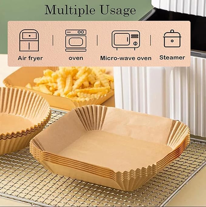 100 PCS Air Fryer Paper Sheets 8 Inch | Disposable Non-Stick Oil Proof Parchment Liners for Air Fryer, Microwave, Baking & Cooking