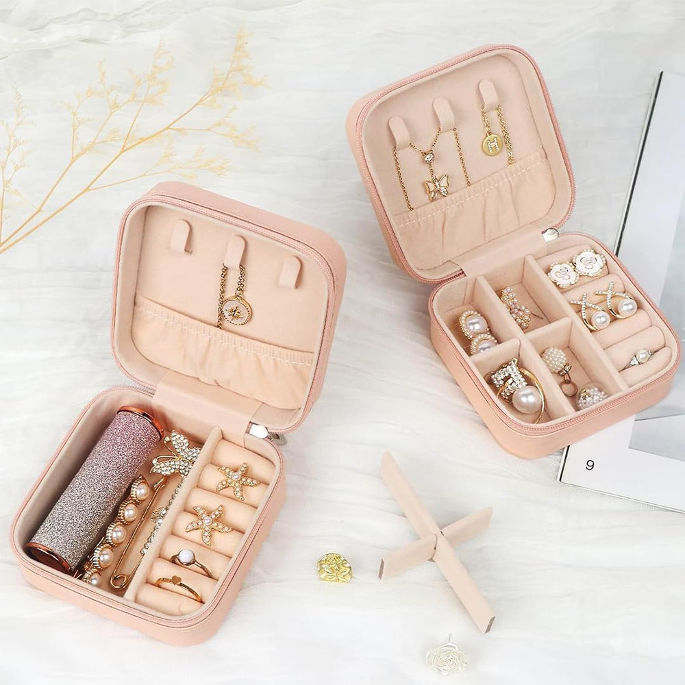 Mini Jewellery Travel Case, PU Leather Organizer Box, Small Portable Jewellery Storage Holder for Womens Rings Earrings Necklaces (Peach-PU Leather Box) (Peach)