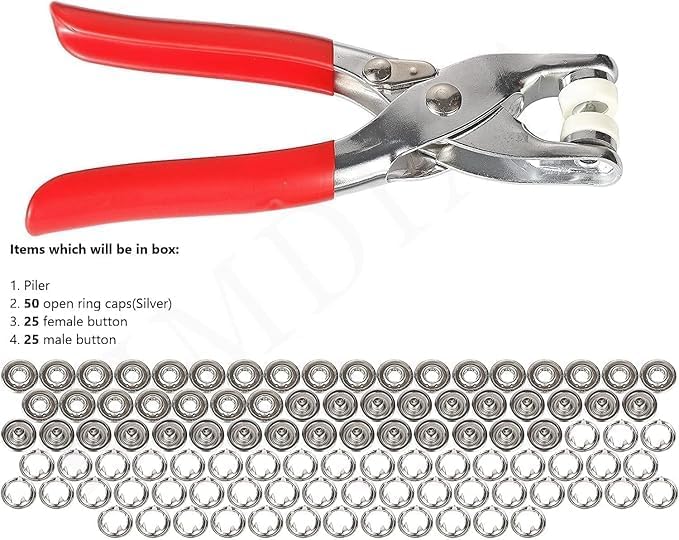 Premium Snap Button Fastener Kit with Pliers Tool (100 Sets) – Metal Press Stud Buttons for Clothes, Leather, Bags, DIY Craft – Stainless Steel Snap Kit with Storage Box (Pack of 1)