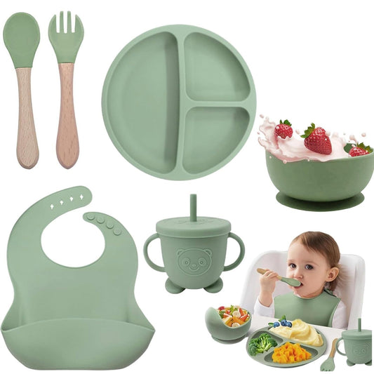 6PCS Silicone Baby Feeding Set – Suction Plate, Bowl, Bib, Spoon, Fork & Cup – BPA-Free, Microwave & Dishwasher Safe – Soft & Safe for Babies 6 Months+ (Green)