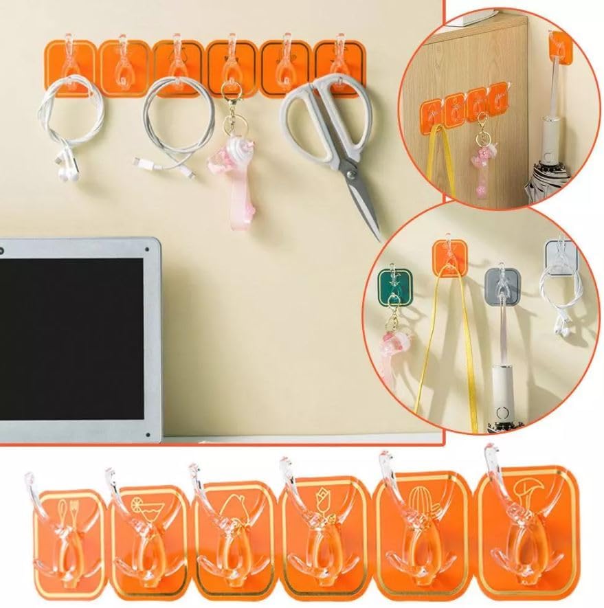Kitchen Bathroom Six Row Wall Hook Wall Hanger Home Storage Tools Sticky Hook - 2 pc (12 Hook) Multi Color.