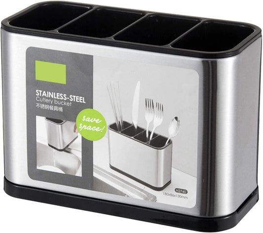Stainless Steel Kitchen Cutlery Holder – 4 Compartment Utensil Organizer & Drainer Stand for Spoons, Forks, Knives – Rust-Resistant, Compact Design