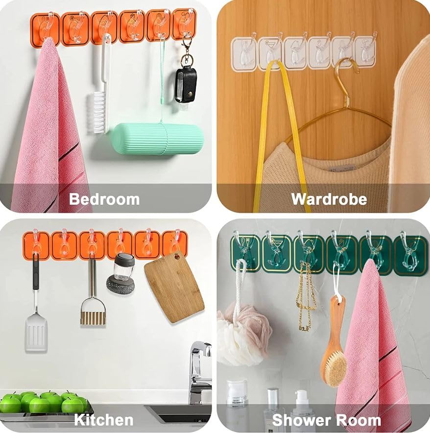 Kitchen Bathroom Six Row Wall Hook Wall Hanger Home Storage Tools Sticky Hook - 2 pc (12 Hook) Multi Color.