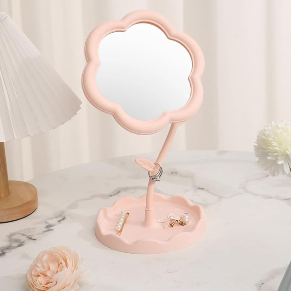 Flower Shape Makeup Mirror with Storage Tray, Tabletop Vanity Mirror for Dressing Table, Cosmetic Organizer Stand, Pink